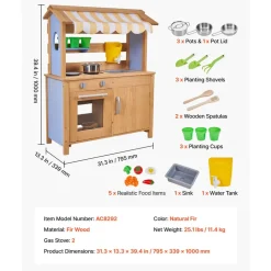 VEVOR Mud Kitchen, Outdoor Mud Kitchen for Kids, Wood Outdoor Play Kitchens with Stoves, Tank, Sink, Planting Shovels, Spatulas, Box, Cookware Pots and Accessories, Wooden Play Kitchens for Home, Lawn