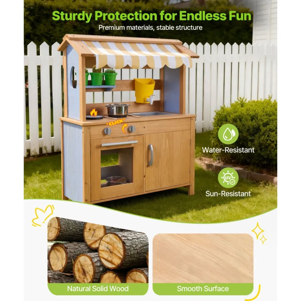 VEVOR Mud Kitchen, Outdoor Mud Kitchen for Kids, Wood Outdoor Play Kitchens with Stoves, Tank, Sink, Planting Shovels, Spatulas, Box, Cookware Pots and Accessories, Wooden Play Kitchens for Home, Lawn