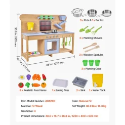 VEVOR Mud Kitchen, Outdoor Mud Kitchen for Kids, Wood Outdoor Play Kitchens with Stoves, Hooks, Double Sinks, Planting Shovels, Spatulas, Cookware Pots and Accessories, Play with Water and Sand