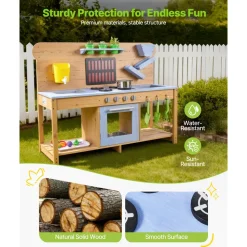 VEVOR Mud Kitchen, Outdoor Mud Kitchen for Kids, Wood Outdoor Play Kitchens with Stoves, Hooks, Double Sinks, Planting Shovels, Spatulas, Cookware Pots and Accessories, Play with Water and Sand