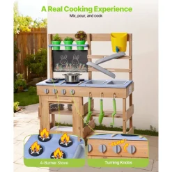 VEVOR Mud Kitchen, Outdoor Mud Kitchen for Kids, Wood Outdoor Play Kitchens with Stoves, Hooks, Sinks, Planting Shovels, Spatulas, Handle, Cookware Pots and Accessories, Play with Water and Sand