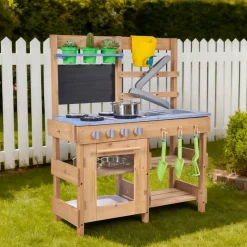 VEVOR Mud Kitchen, Outdoor Mud Kitchen for Kids, Wood Outdoor Play Kitchens with Stoves, Hooks, Sinks, Planting Shovels, Spatulas, Handle, Cookware Pots and Accessories, Play with Water and Sand