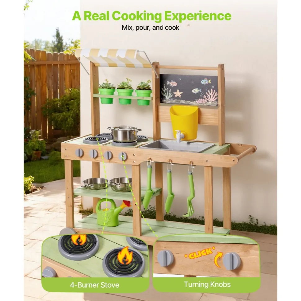 VEVOR Mud Kitchen, Outdoor Mud Kitchen for Kids, Wood Outdoor Play Kitchens with Spoons, Sink, Sunshade Canopy, Swivel Wheels, Cookware Pots and Accessories, Wooden Play Kitchens for Home, Lawn