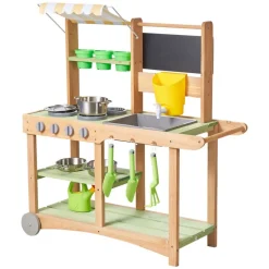 VEVOR Mud Kitchen, Outdoor Mud Kitchen for Kids, Wood Outdoor Play Kitchens with Spoons, Sink, Sunshade Canopy, Swivel Wheels, Cookware Pots and Accessories, Wooden Play Kitchens for Home, Lawn