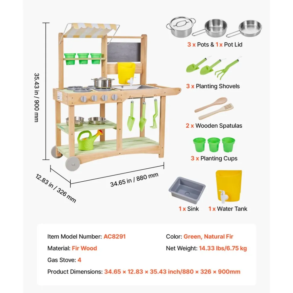 VEVOR Mud Kitchen, Outdoor Mud Kitchen for Kids, Wood Outdoor Play Kitchens with Spoons, Sink, Sunshade Canopy, Swivel Wheels, Cookware Pots and Accessories, Wooden Play Kitchens for Home, Lawn