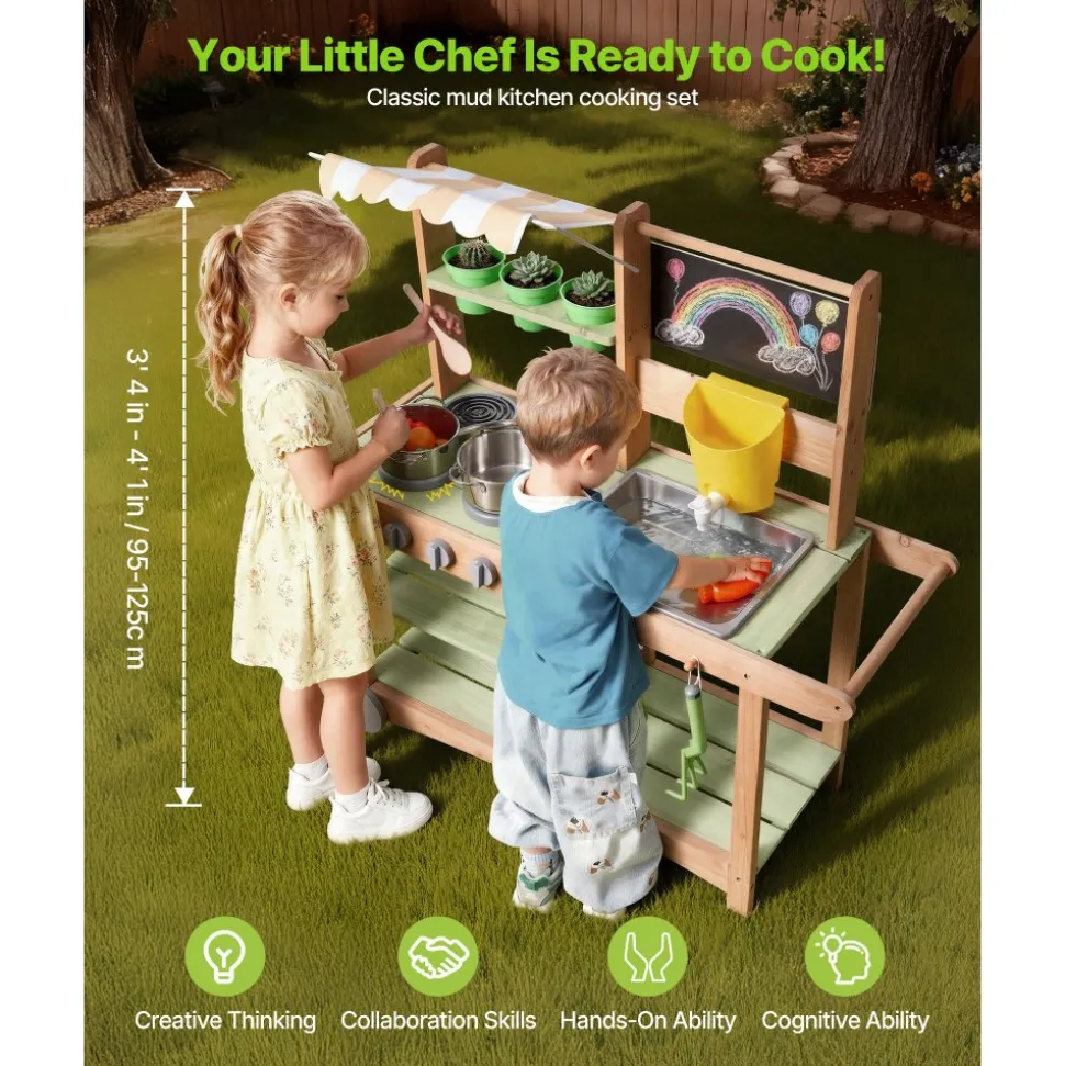 VEVOR Mud Kitchen, Outdoor Mud Kitchen for Kids, Wood Outdoor Play Kitchens with Spoons, Sink, Sunshade Canopy, Swivel Wheels, Cookware Pots and Accessories, Wooden Play Kitchens for Home, Lawn