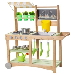 VEVOR Mud Kitchen, Outdoor Mud Kitchen for Kids, Wood Outdoor Play Kitchens with Spoons, Sink, Sunshade Canopy, Swivel Wheels, Cookware Pots and Accessories, Wooden Play Kitchens for Home, Lawn