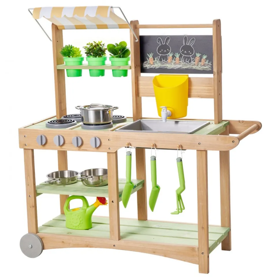 VEVOR Mud Kitchen, Outdoor Mud Kitchen for Kids, Wood Outdoor Play Kitchens with Spoons, Sink, Sunshade Canopy, Swivel Wheels, Cookware Pots and Accessories, Wooden Play Kitchens for Home, Lawn