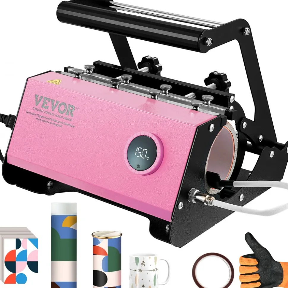 VEVOR Mug Heat Press, 11-30oz Tumbler Heat Press Machine, Sublimation Transfer Straight Skinny Tumblers, Cup Heat Press with Heat-resist Gloves & Tape, DIY Ceramic Mugs Cups Glasses, As Gift, Pink