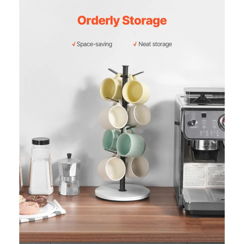 VEVOR Mug Holder Tree with Marble Base, 8 Hooks Coffee Cup Holder for Counter, Carbon Steel Mug Tree Cup Rack Stand, Upgraded Coffee Cup Tree for Coffee Bar Kitchen Home Organizer (Matte Black)