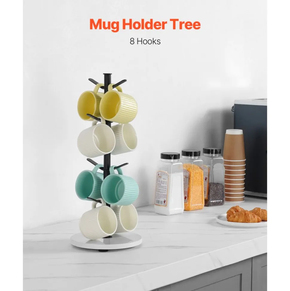 VEVOR Mug Holder Tree with Marble Base, 8 Hooks Coffee Cup Holder for Counter, Carbon Steel Mug Tree Cup Rack Stand, Upgraded Coffee Cup Tree for Coffee Bar Kitchen Home Organizer (Matte Black)