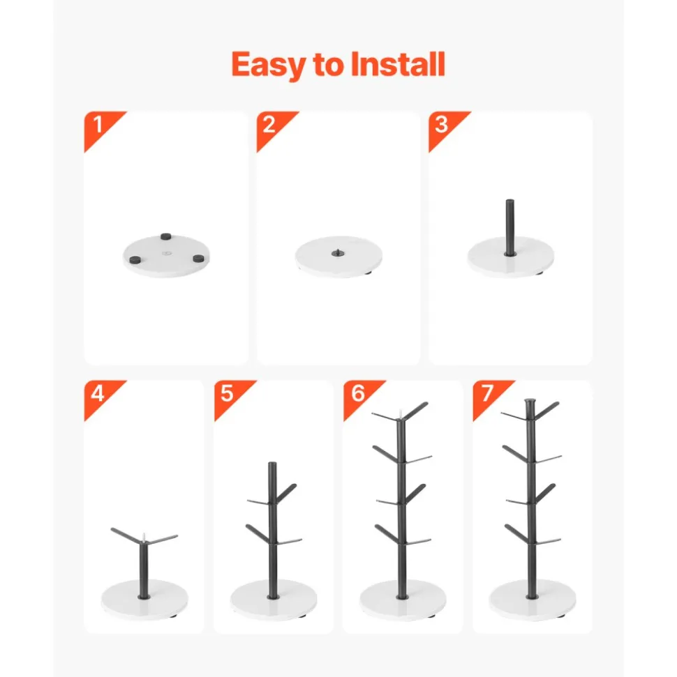 VEVOR Mug Holder Tree with Marble Base, 8 Hooks Coffee Cup Holder for Counter, Carbon Steel Mug Tree Cup Rack Stand, Upgraded Coffee Cup Tree for Coffee Bar Kitchen Home Organizer (Matte Black)
