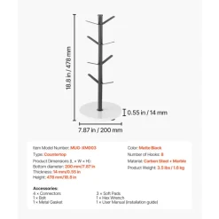 VEVOR Mug Holder Tree with Marble Base, 8 Hooks Coffee Cup Holder for Counter, Carbon Steel Mug Tree Cup Rack Stand, Upgraded Coffee Cup Tree for Coffee Bar Kitchen Home Organizer (Matte Black)