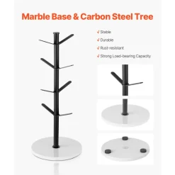 VEVOR Mug Holder Tree with Marble Base, 8 Hooks Coffee Cup Holder for Counter, Carbon Steel Mug Tree Cup Rack Stand, Upgraded Coffee Cup Tree for Coffee Bar Kitchen Home Organizer (Matte Black)