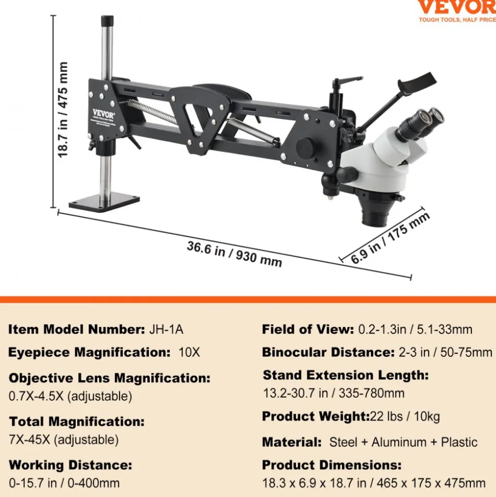 VEVOR Multi-Directional Microscope with Spring Bracket, 7X-45X Magnification Jewelry Microscope, Micro Jewelry Inlaid Stand with Integrated USB Ring LED Light, Jewelers Microscope for Jewelry Inlay
