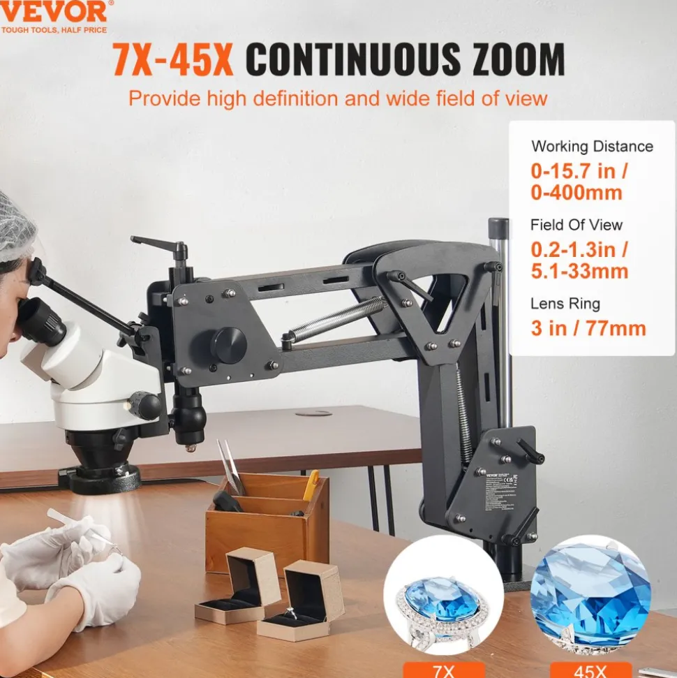 VEVOR Multi-Directional Microscope with Spring Bracket, 7X-45X Magnification Jewelry Microscope, Micro Jewelry Inlaid Stand with Integrated USB Ring LED Light, Jewelers Microscope for Jewelry Inlay