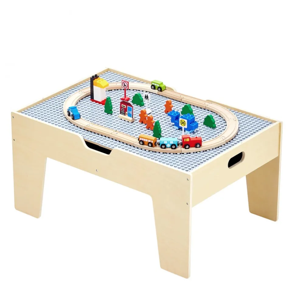VEVOR Multi-Purpose Activity Play Table, 290 Building Bricks and 30-Piece Wooden Train Set Railway, Vehicles, Tracks and Accessories, Wooden Kids Activity Table with Storage Area for Kids Ages 3+