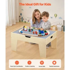 VEVOR Multi-Purpose Activity Play Table, 290 Building Bricks and 30-Piece Wooden Train Set Railway, Vehicles, Tracks and Accessories, Wooden Kids Activity Table with Storage Area for Kids Ages 3+