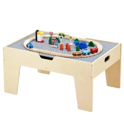 VEVOR Multi-Purpose Activity Play Table, 290 Building Bricks and 30-Piece Wooden Train Set Railway, Vehicles, Tracks and Accessories, Wooden Kids Activity Table with Storage Area for Kids Ages 3+