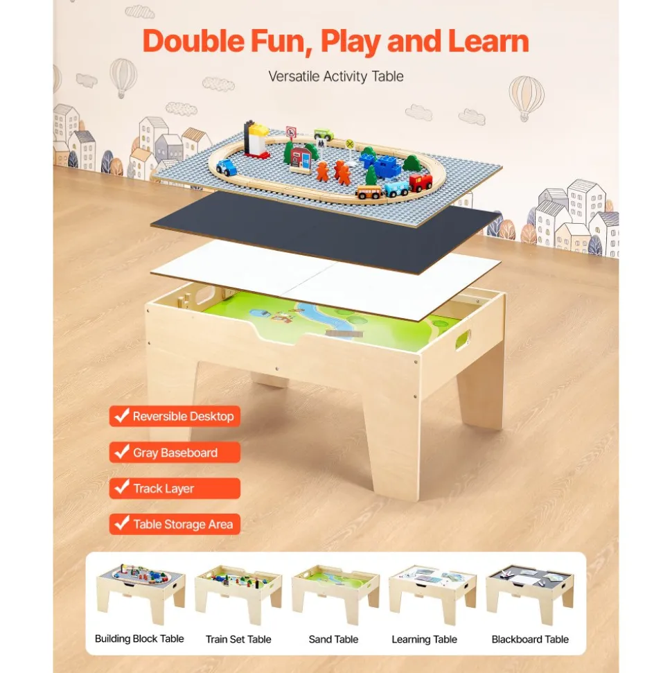 VEVOR Multi-Purpose Activity Play Table, 290 Building Bricks and 30-Piece Wooden Train Set Railway, Vehicles, Tracks and Accessories, Wooden Kids Activity Table with Storage Area for Kids Ages 3+