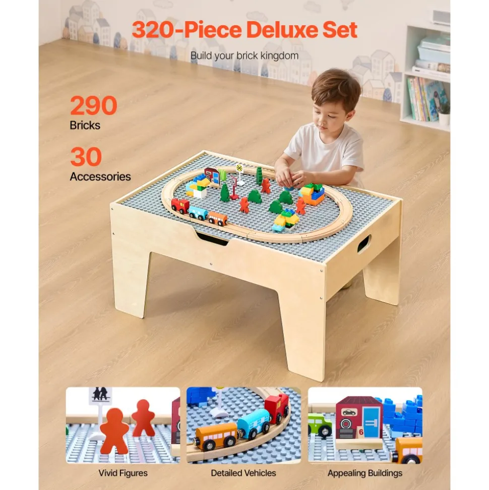 VEVOR Multi-Purpose Activity Play Table, 290 Building Bricks and 30-Piece Wooden Train Set Railway, Vehicles, Tracks and Accessories, Wooden Kids Activity Table with Storage Area for Kids Ages 3+