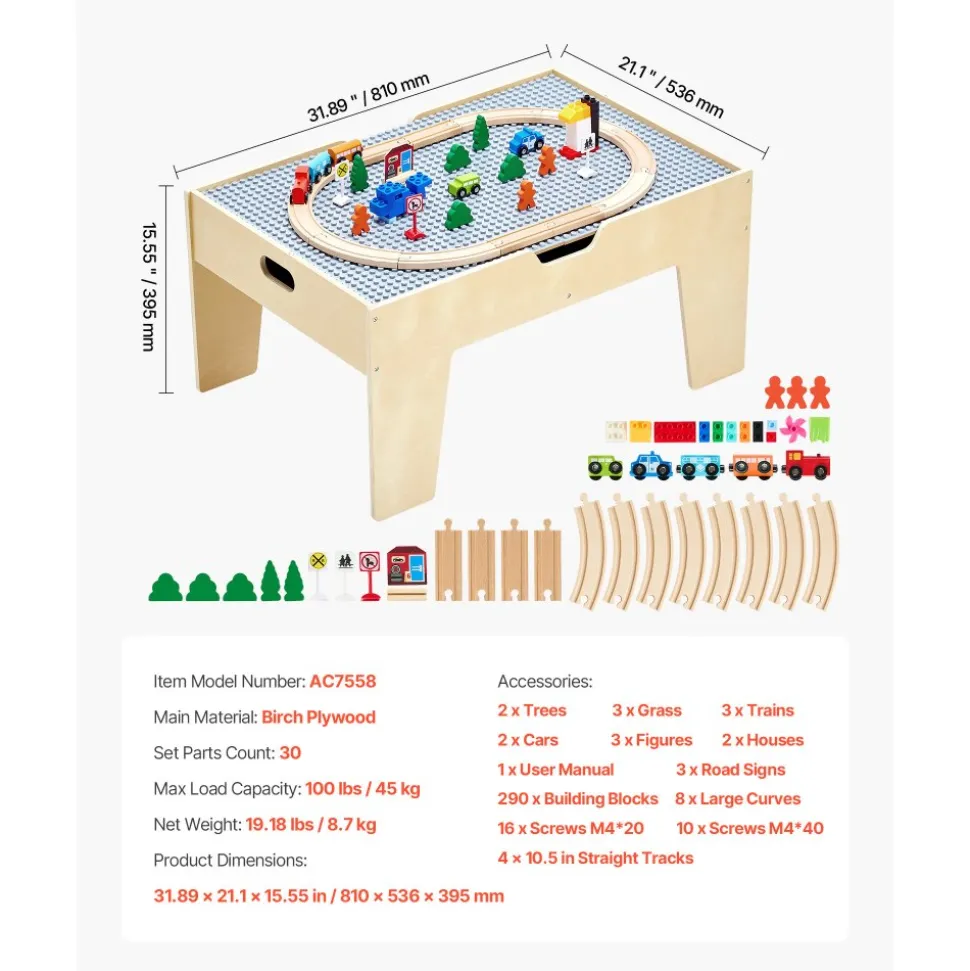 VEVOR Multi-Purpose Activity Play Table, 290 Building Bricks and 30-Piece Wooden Train Set Railway, Vehicles, Tracks and Accessories, Wooden Kids Activity Table with Storage Area for Kids Ages 3+