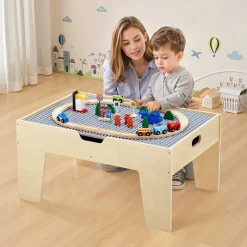 VEVOR Multi-Purpose Activity Play Table, 290 Building Bricks and 30-Piece Wooden Train Set Railway, Vehicles, Tracks and Accessories, Wooden Kids Activity Table with Storage Area for Kids Ages 3+