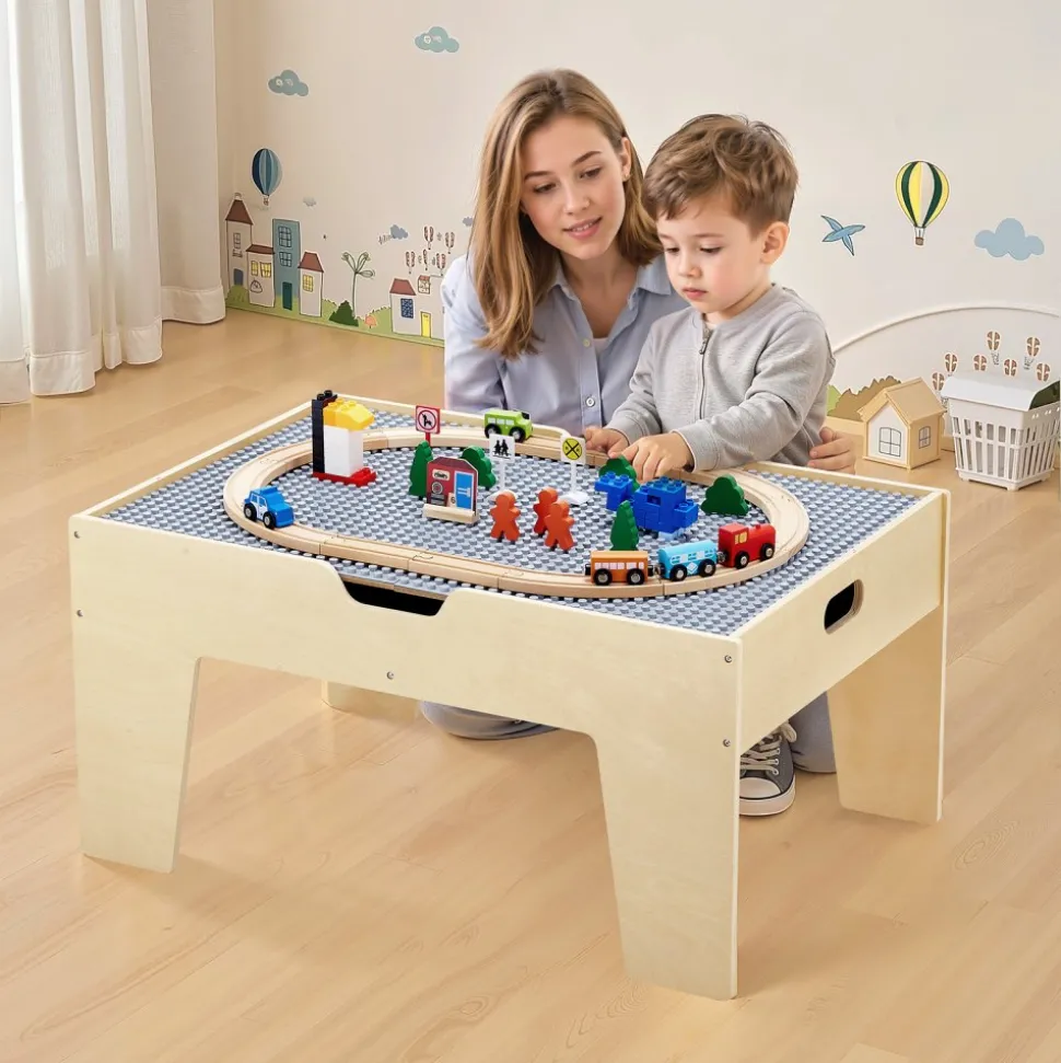 VEVOR Multi-Purpose Activity Play Table, 290 Building Bricks and 30-Piece Wooden Train Set Railway, Vehicles, Tracks and Accessories, Wooden Kids Activity Table with Storage Area for Kids Ages 3+