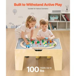 VEVOR Multi-Purpose Activity Play Table, 290 Building Bricks and 30-Piece Wooden Train Set Railway, Vehicles, Tracks and Accessories, Wooden Kids Activity Table with Storage Area for Kids Ages 3+
