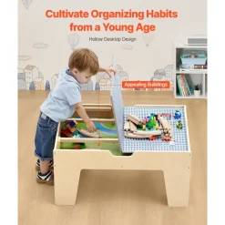 VEVOR Multi-Purpose Activity Play Table, 290 Building Bricks and 30-Piece Wooden Train Set Railway, Vehicles, Tracks and Accessories, Wooden Kids Activity Table with Storage Area for Kids Ages 3+