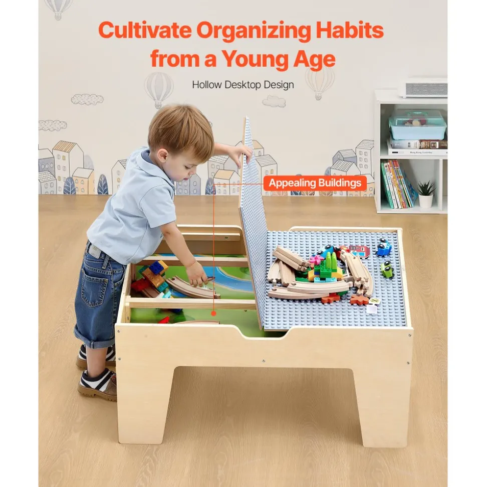 VEVOR Multi-Purpose Activity Play Table, 290 Building Bricks and 30-Piece Wooden Train Set Railway, Vehicles, Tracks and Accessories, Wooden Kids Activity Table with Storage Area for Kids Ages 3+