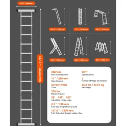 VEVOR Multi-Purpose Folding Ladder, 7-in-1 Tall Extension Step Ladder, A Frame 4 Step with Scaffolding Plank Telescoping Ladder, 15.5ft Reach Height Heavy Duty , 330 lbs Capacity for Home Outdoor