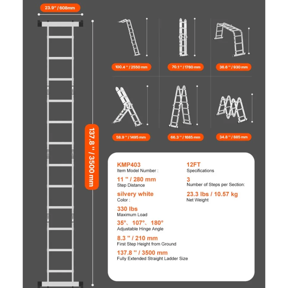 VEVOR Multi-Purpose Folding Ladder, 7-in-1 Tall Extension Step Ladder, A Frame 4 Step with Scaffolding Plank Telescoping Ladder, 15.5ft Reach Height Heavy Duty , 330 lbs Capacity for Home Outdoor