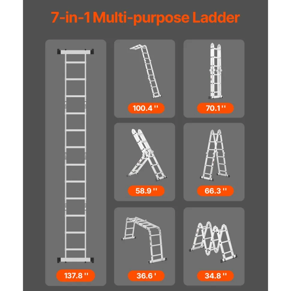 VEVOR Multi-Purpose Folding Ladder, 7-in-1 Tall Extension Step Ladder, A Frame 4 Step with Scaffolding Plank Telescoping Ladder, 15.5ft Reach Height Heavy Duty , 330 lbs Capacity for Home Outdoor