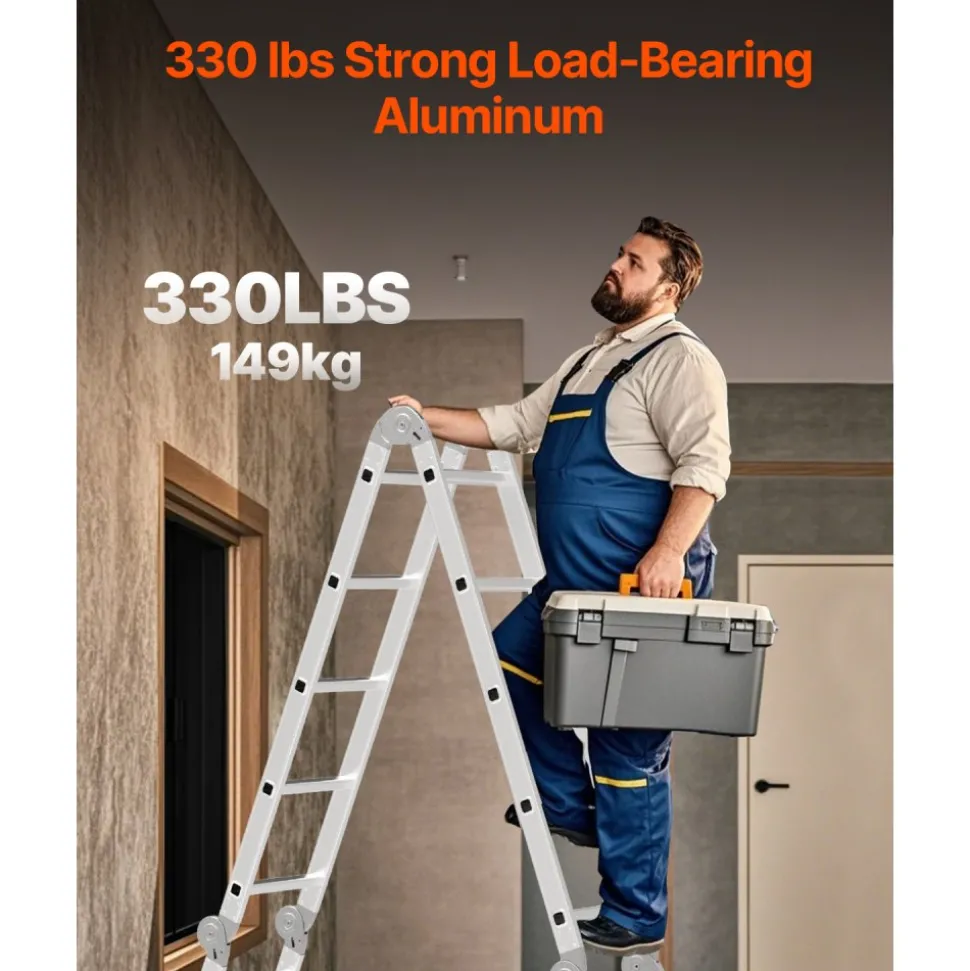 VEVOR Multi-Purpose Folding Ladder, 7-in-1 Tall Extension Step Ladder, A Frame 4 Step with Scaffolding Plank Telescoping Ladder, 15.5ft Reach Height Heavy Duty , 330 lbs Capacity for Home Outdoor
