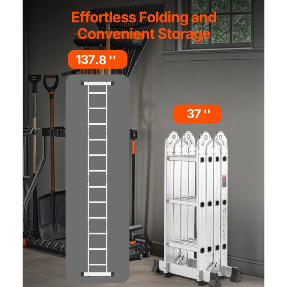 VEVOR Multi-Purpose Folding Ladder, 7-in-1 Tall Extension Step Ladder, A Frame 4 Step with Scaffolding Plank Telescoping Ladder, 15.5ft Reach Height Heavy Duty , 330 lbs Capacity for Home Outdoor