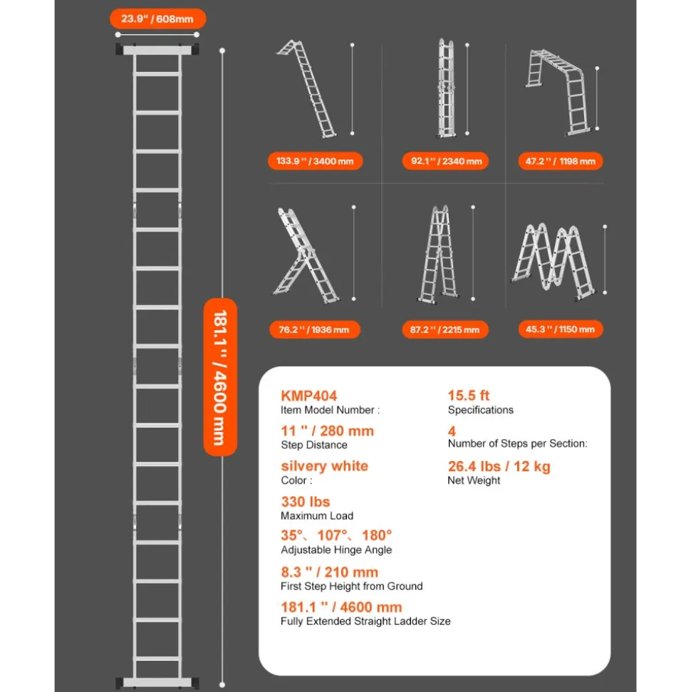 VEVOR Multi-Purpose Folding Ladder, 7-in-1 Tall Extension Step Ladder, A Frame 4 Step Telescoping Ladder, 15.5ft Reach Height Heavy Duty Adjustable Ladder, 330 lbs Capacity for Home Outdoor