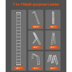VEVOR Multi-Purpose Folding Ladder, 7-in-1 Tall Extension Step Ladder, A Frame 4 Step Telescoping Ladder, 15.5ft Reach Height Heavy Duty Adjustable Ladder, 330 lbs Capacity for Home Outdoor