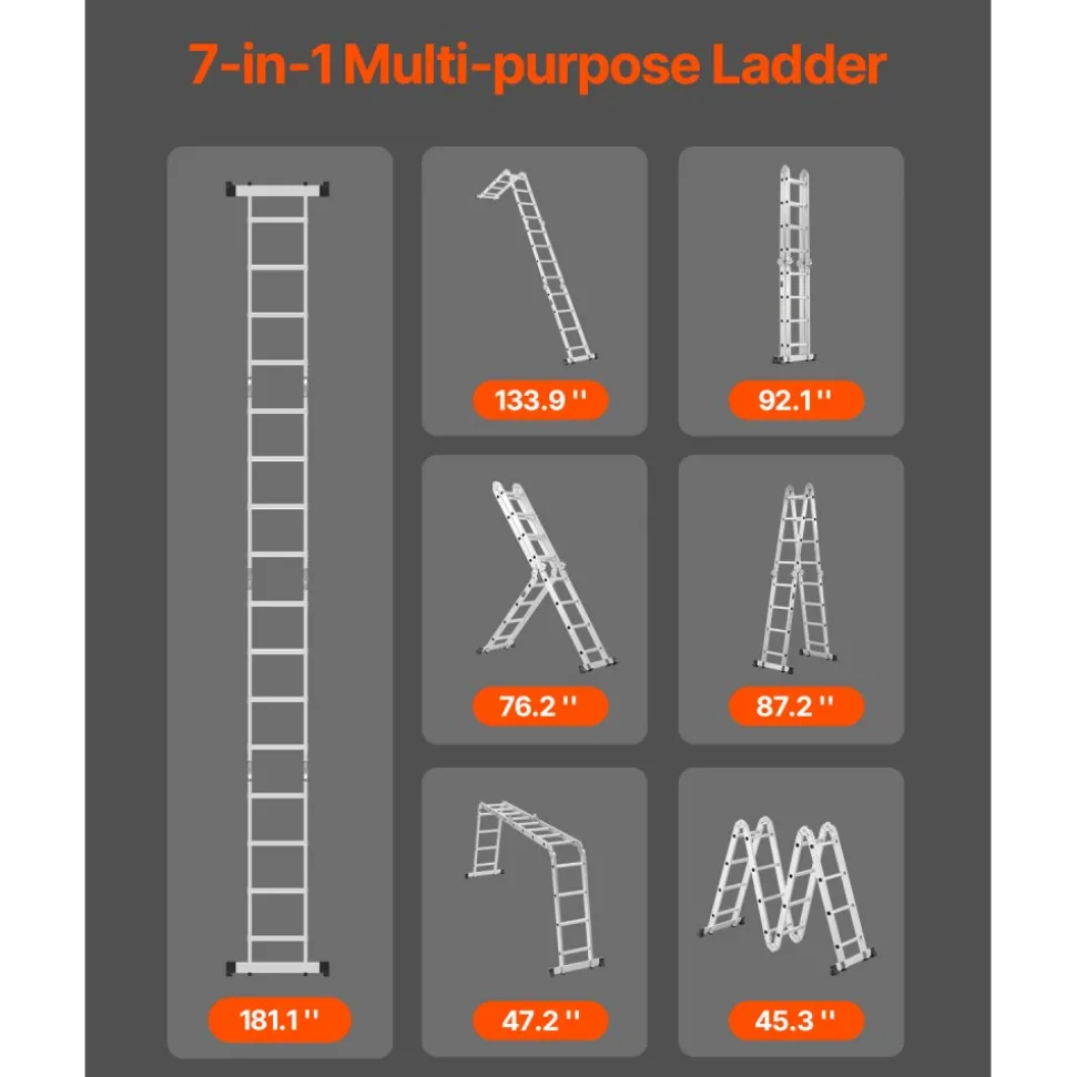 VEVOR Multi-Purpose Folding Ladder, 7-in-1 Tall Extension Step Ladder, A Frame 4 Step Telescoping Ladder, 15.5ft Reach Height Heavy Duty Adjustable Ladder, 330 lbs Capacity for Home Outdoor