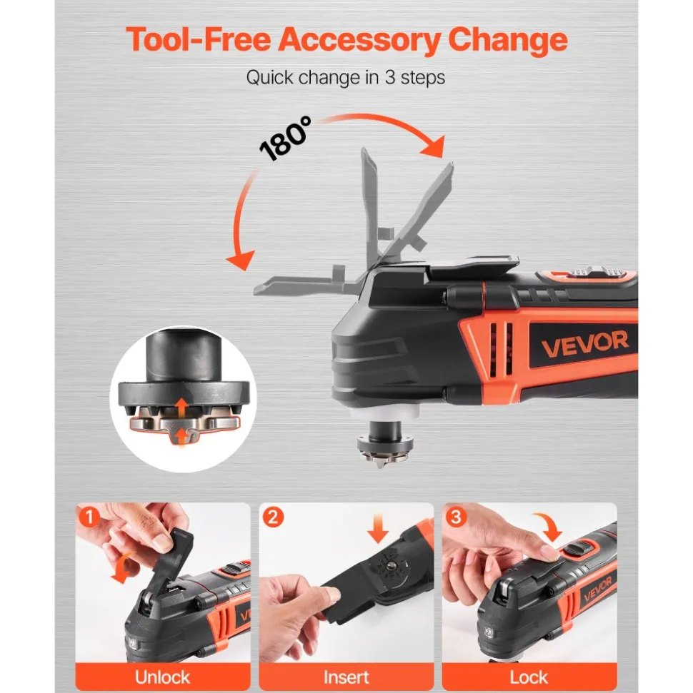 VEVOR Multitool Oscillating Tool, 4Amps Electric Oscillating Multi Tool Corded with 6 Variable Speeds 7000 - 19000 OPM, 3.2° Oscillating Angle, 13PCS Saw Accessories, LED Work Light & Tool Bag