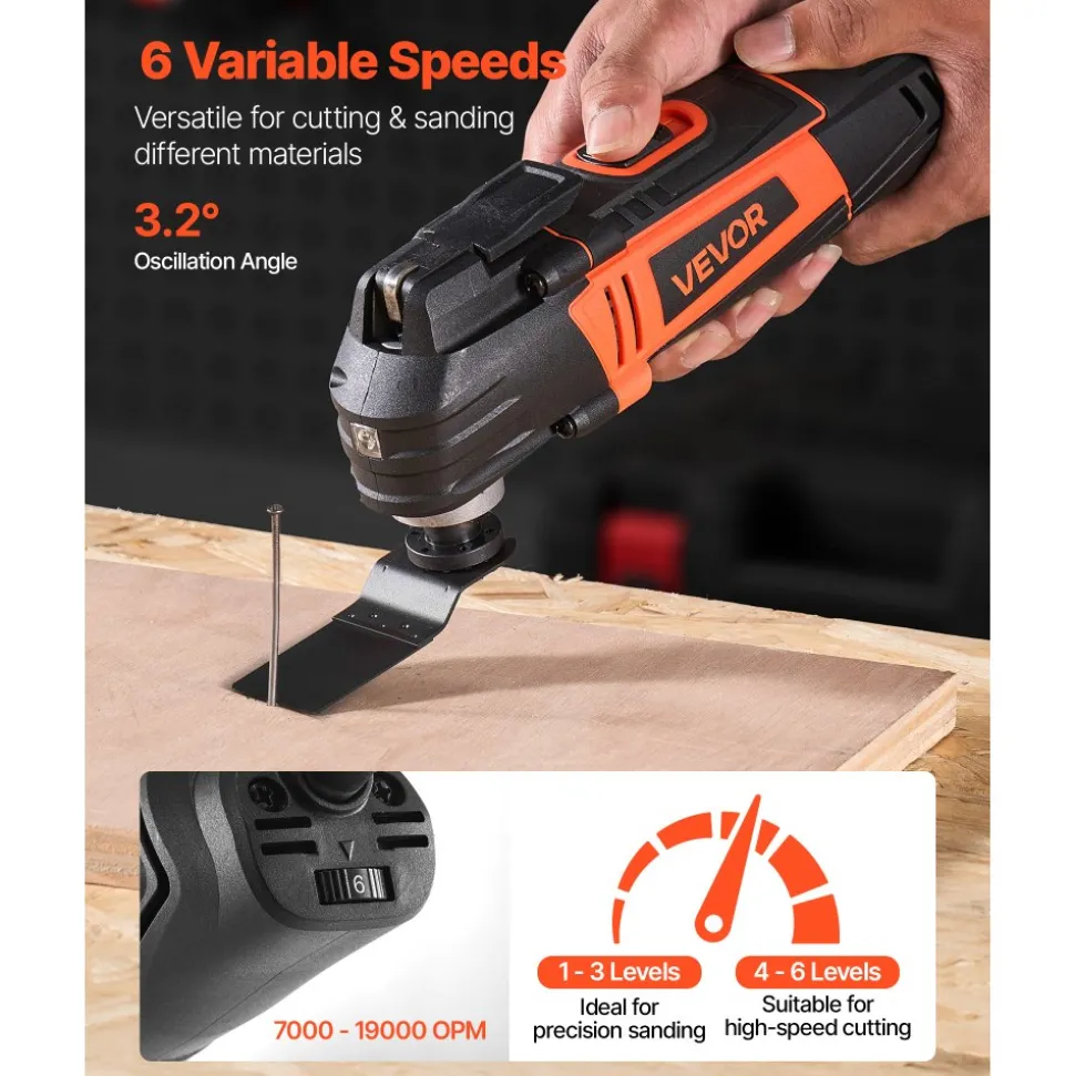 VEVOR Multitool Oscillating Tool, 4Amps Electric Oscillating Multi Tool Corded with 6 Variable Speeds 7000 - 19000 OPM, 3.2° Oscillating Angle, 13PCS Saw Accessories, LED Work Light & Tool Bag