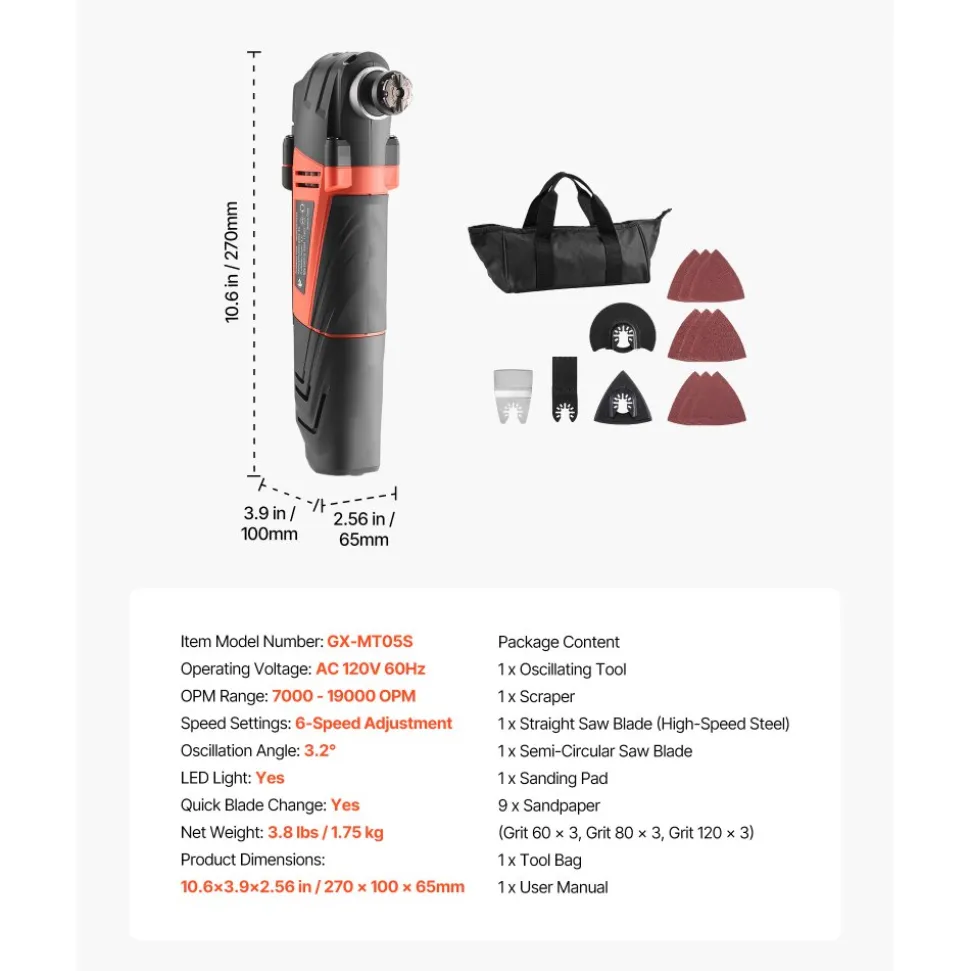 VEVOR Multitool Oscillating Tool, 4Amps Electric Oscillating Multi Tool Corded with 6 Variable Speeds 7000 - 19000 OPM, 3.2° Oscillating Angle, 13PCS Saw Accessories, LED Work Light & Tool Bag