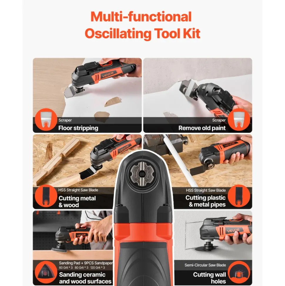 VEVOR Multitool Oscillating Tool, 4Amps Electric Oscillating Multi Tool Corded with 6 Variable Speeds 7000 - 19000 OPM, 3.2° Oscillating Angle, 13PCS Saw Accessories, LED Work Light & Tool Bag
