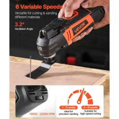 VEVOR Multitool Oscillating Tool, 3Amps Corded Oscillating Multi Tool with 6 Variable Speeds 15000 - 22000 OPM, 3.2° Oscillating Angle, 13PCS Saw Accessories, LED Work Light & Tool Bag