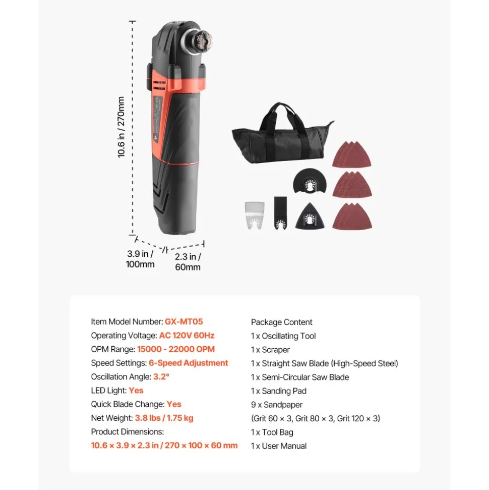 VEVOR Multitool Oscillating Tool, 3Amps Corded Oscillating Multi Tool with 6 Variable Speeds 15000 - 22000 OPM, 3.2° Oscillating Angle, 13PCS Saw Accessories, LED Work Light & Tool Bag