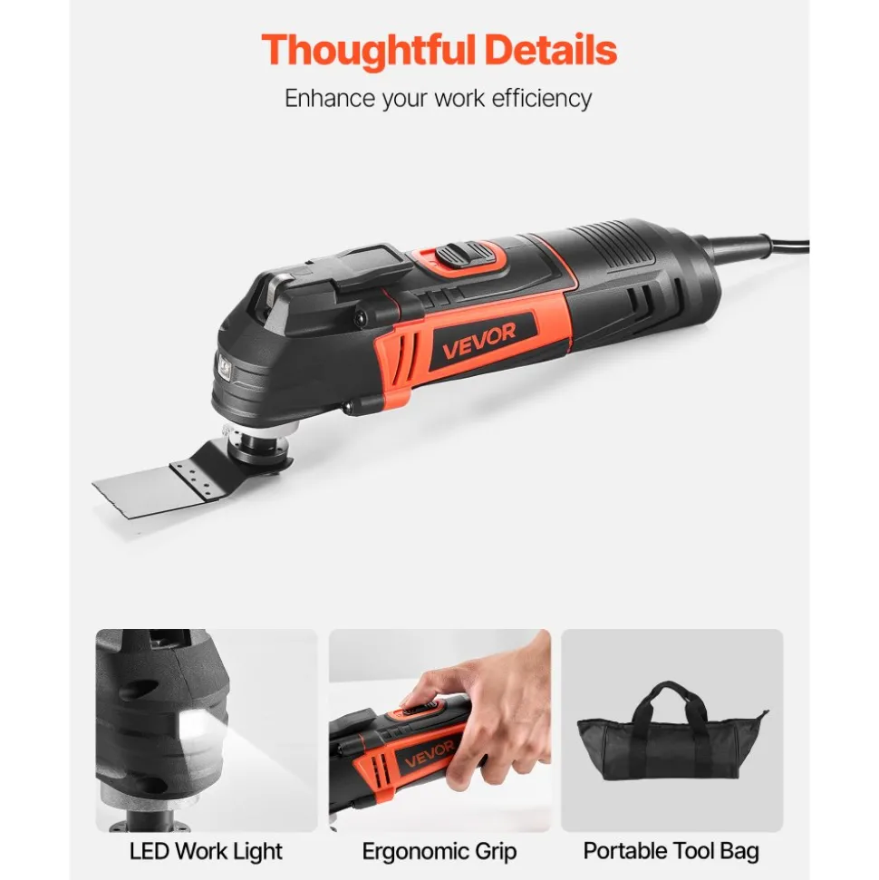 VEVOR Multitool Oscillating Tool, 3Amps Corded Oscillating Multi Tool with 6 Variable Speeds 15000 - 22000 OPM, 3.2° Oscillating Angle, 13PCS Saw Accessories, LED Work Light & Tool Bag