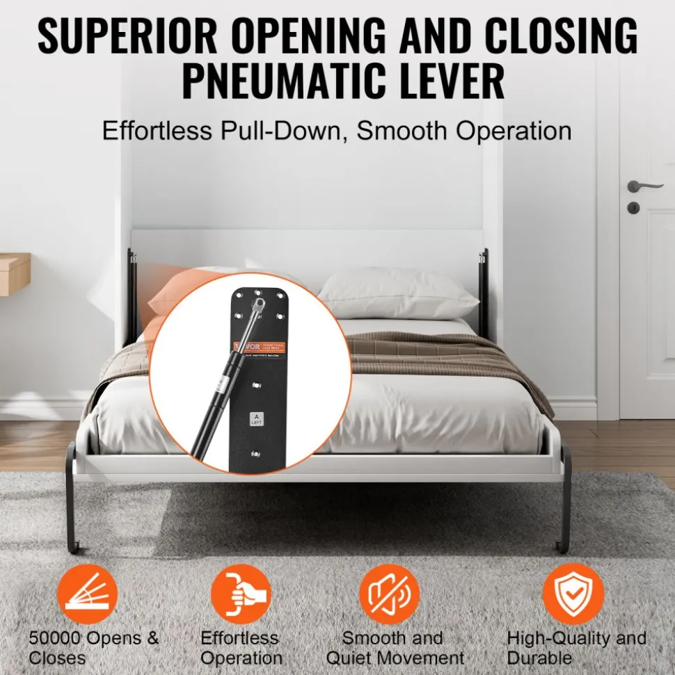VEVOR Murphy Bed Kit, Queen Size, Vertical Deluxe DIY Wall Bed Mechanical Hardware Kit, Pneumatic Lever Heavy Duty Bed Frame Support, Folding Cabinet Wall Bed Space Saving Design for Guestroom