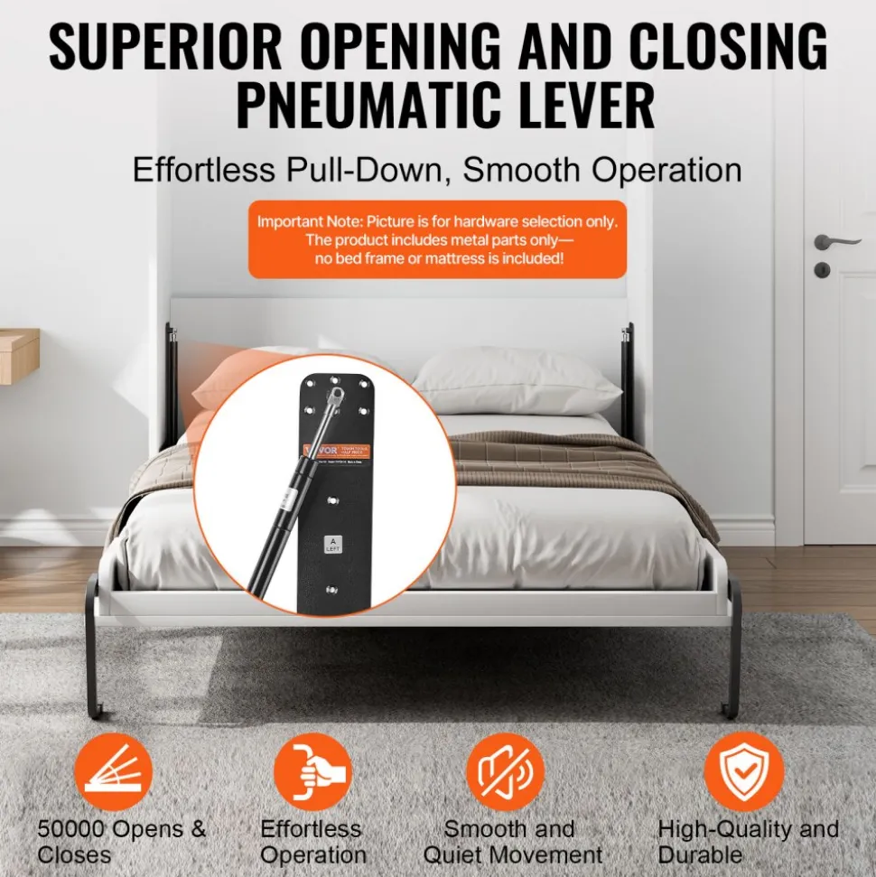 VEVOR Murphy Bed Kit, Twin Size, Vertical Deluxe DIY Wall Bed Mechanical Hardware Kit, Pneumatic Lever Heavy Duty Bed Frame Support, Folding Cabinet Wall Bed Space Saving Design for Guestroom