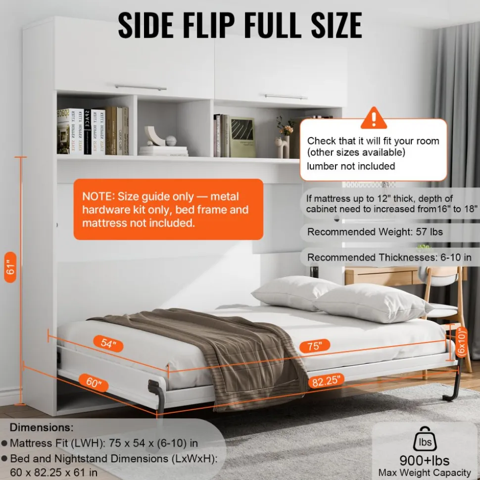 VEVOR Murphy Bed Kit, Twin Size, Deluxe DIY Wall Bed Mechanical Hardware Kit, Pneumatic Lever Heavy Duty Bed Frame Support, Folding Cabinet Wall Bed Space Saving Design for Guestroom, Easy to Build