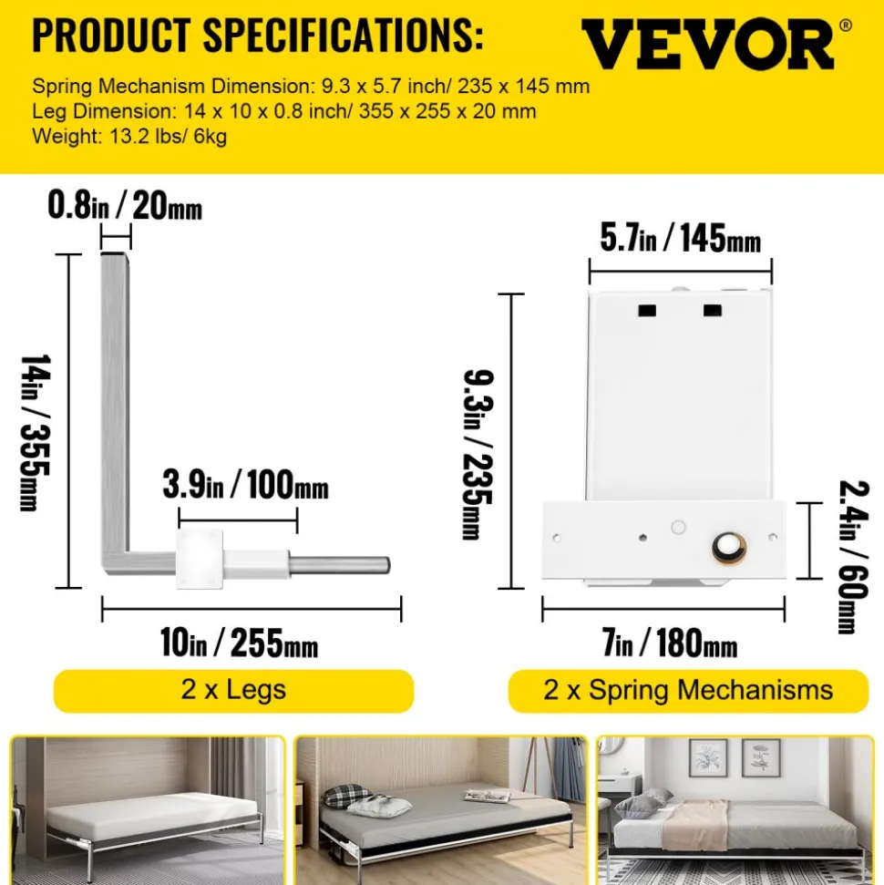 VEVOR Murphy Mounting Wall Springs Mechanism Heavy Duty Support Hardware DIY Kit for Queen Twin Size Bed (Horizontal), White
